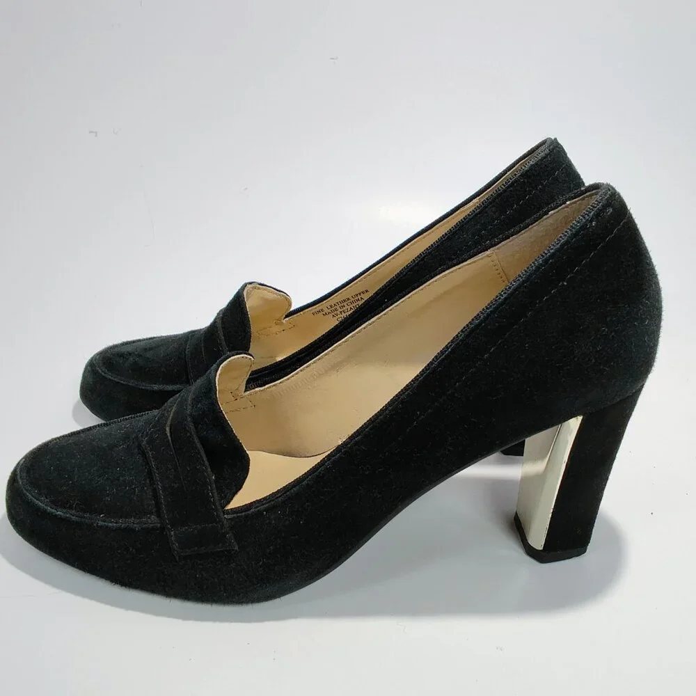 Adrienne Vittadini Women's Size 6M Black Suede‎ Penny Loafer Block Heels